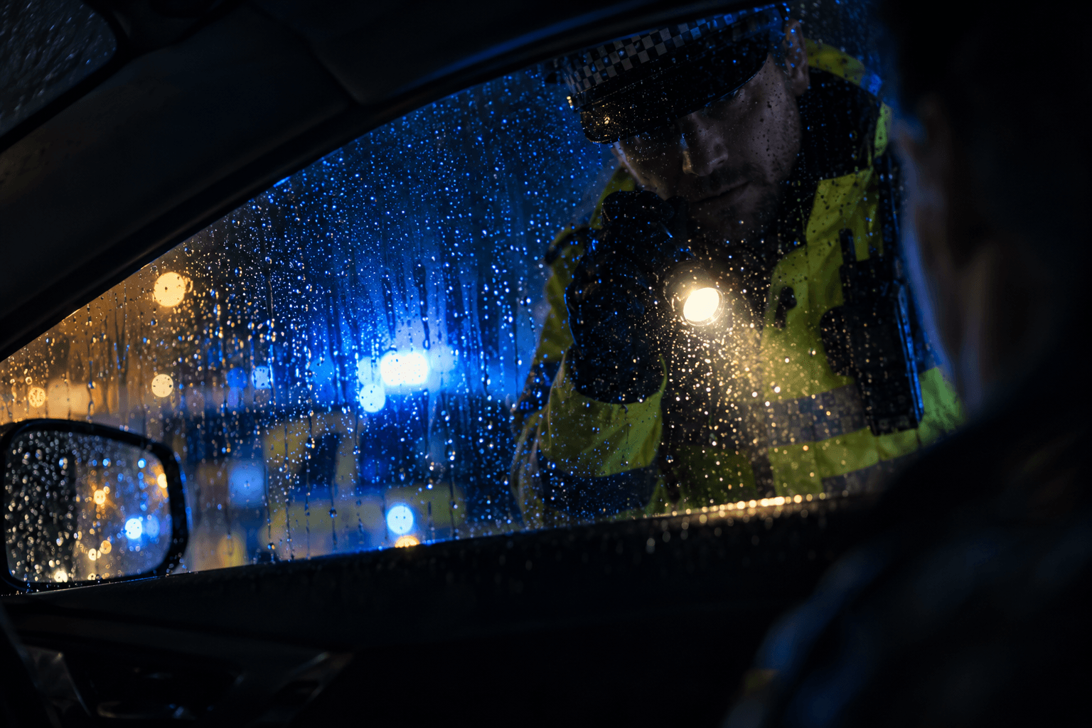 An officer leans towards a driver’s window in the rain